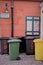 Prague, Czech Republic, January 2015. Trash cans in the courtyard of the restaurant in the city center.