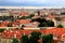 Prague, Czech Republic. Mala Strana, Lesser Town of Praha. Top view, panorama. Ancient old house with red tiled roofs, tower,