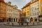 Prague,Czech Republic - March 26,2021. Empty cute and tiny Little Square with colorful medieval houses close to Old Town Square.