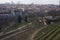 Prague, Czech Republic - March 26, 2021 - Grebovka park- The vineyard with a romantic gazebo lies on a steep slope