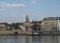 Prague, Czech Republic, March 26, 2021: View of Rasinovo nabrezi riverbank from Vltava river with crowd of people on