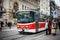 PRAGUE, CZECH REPUBLIC - MARCH 5, 2016: The vintage excursion tram number 21 parade goes on old town in Prague. on March 5, 2016