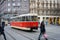 PRAGUE, CZECH REPUBLIC - MARCH 5, 2016: The vintage excursion tram number 3 parade goes on old town in Prague. on March 5, 2016