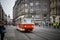 PRAGUE, CZECH REPUBLIC - MARCH 5, 2016: The vintage excursion tram number 3 parade goes on old town in Prague. on March 5, 2016