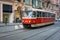 PRAGUE, CZECH REPUBLIC - MARCH 5, 2016: The vintage excursion tram number 3 parade goes on old town in Prague. on March 5, 2016