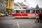 PRAGUE, CZECH REPUBLIC - MARCH 5, 2016: The vintage excursion tram parade goes on old town in Prague. on March 5, 2016