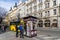 PRAGUE, CZECH REPUBLIC - MARCH 5, 2016: Yellow tourist bus stoped on Old Town in Prague, Czech Republic. on March 5, 2016