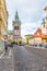 Prague, Czech Republic, May 13, 2019: Jindrisska Tower gothic building and Catholic Church of St Henry and St Kunhuta