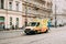 Prague, Czech Republic. Moving With Siren Bright Yellow Emergency Ambulance Reanimation Mercedes Benz Van Car