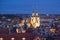 Prague, Czech Republic - October 6, 2017: Beautiful evening roof view on Tyn Church and Old Town Square, Prague, Czech Republic.