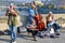 PRAGUE, CZECH REPUBLIC - OKTOBER 10, 2018: Street musicians with trumpet and double bass and guitar on bridge