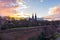 Prague, Czech republic: Panorama of Vysehrad basilica during the sunset. Orange clouds above the ancient church in czech capital