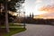 Prague, Czech republic: Panorama of Vysehrad basilica during the sunset. Orange clouds above the ancient church in czech capital