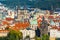 Prague, Czech republic - September 19, 2020. Panorama with many towers - Charles Bridge, Tyn, Powder Tower and other churches