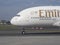 Prague, Czech Republic, Vaclav Havel Airport. Airbus A380 at the terminal. Emirates Airlines