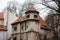 Prague, December 13, 2016: Architecture of Prague. Old buildings with red tiles on the Jewish street - Josefov quarter