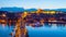 Prague evening panorama. Aerial view of Prague Castle and Charles Bridge over Vltava river from Old Town Bridge Tower