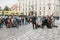 Prague, October 28, 2017: Street concert: musicians play on instruments next to the gathered audience near the Prague