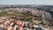 Prague outskirts fly over train station reveal modern buildings aerial drone