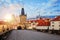 Prague panorama. Charles Bridge and Lesser Town Bridge Tower in Prague, Czech Republic