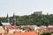 Prague panorama with Jan Zizka equestrian statue in front of National memorial Vitkov, Karlin district with Church