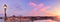 Prague, panoramic image of Charles Bridge and Vltava river at dawn. Panoramic image of Prague riverside with pink clouds and