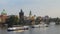 Prague river view, ships on Vltava, beautiful buildings old town