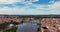 Prague scenic aerial view of old town architecture. Vltava river in Prague, Czech Republic. Panoramic aerial drone view