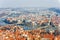 Prague scenic panoramic aerial view of the cityscape with Vltava river and Charles bridge, Czech Republic