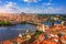 Prague scenic spring aerial view of the Prague Old Town pier architecture Charles Bridge over Vltava river in Prague, Czechia. Old