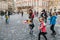 Prague, September 18, 2017: Children play soap bubbles and rejoice in the city street