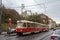 Prague tram, or called Prazske tramvaje, Tatra T3 model, on the stop in Zizkov district