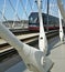 Prague Troja bridge with tram crossing - modern architecture, bowstring arch bridge on Vltava river