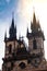 Prague. Tyn Cathedral at sunrise. Details of the facade closeup