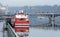 Prague. View of Manes Bridge and Prague Castle from the Vltava Embankment. Winter Prague in the fog