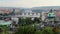 Prague view, river ships, bridges transport vehicles, flags wave