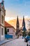 Prague, the Vysehrad cathedral. Ancient and historical church in czech capital city. Look from the street. Basilica during the