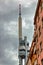 Prague Zizkov TV Tower behind old building