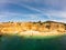 Praia De Marinha Most beautiful beach in Lagoa, Algarve Portugal. Aerial view on cliffs and coast of Atlantic ocean