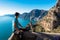 Praiano - Man enjoying the scenic view from hiking trail between Positano and Praiano at the Amalfi Coast, Campania, Italy, Europe