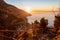 Praiano - Panoramic sunrise view from the Path of the Gods between Positano and Praiano on the Amalfi Coast, Campania, Italy