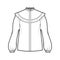 Prairie blouse technical fashion illustration with bouffant long sleeves, stand collar, ruffle yoke, cuff hide button up
