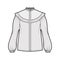 Prairie blouse technical fashion illustration with bouffant long sleeves, stand collar, ruffle yoke, cuff hide button up