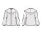 Prairie blouse technical fashion illustration with bouffant long sleeves, stand collar, ruffle yoke, cuff hide button up