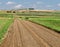 Prairie gravel road through fields.