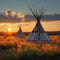 Prairie tranquility Indian teepee in field at sunset, First Nations