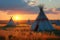 Prairie tranquility Indian teepee in field at sunset, First Nations