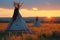 Prairie tranquility Indian teepee in field at sunset, First Nations