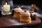 Praline hazelnut choux on wooden tray with pine for Christmas