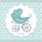 Pram on an abstract background in child blue flowers.